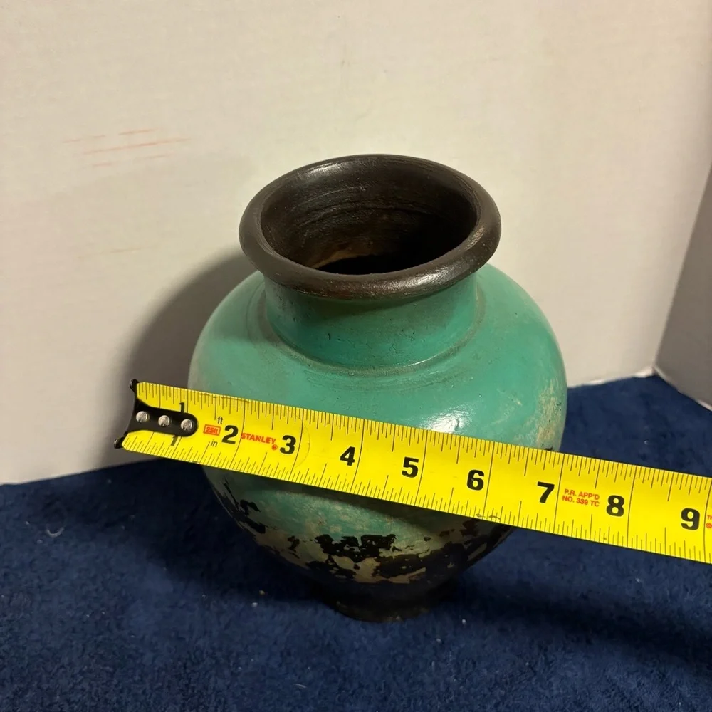 Vintage 10” Teal Black Abstract Terracotta Vase Art Pottery Decor - Unmarked